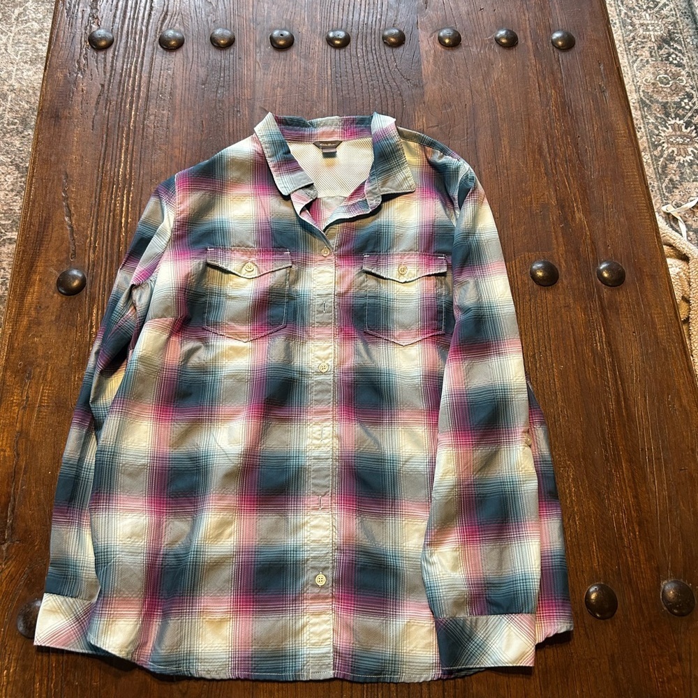 Eddie Bauer Pink and Blue Plaid Button-Down Shirt